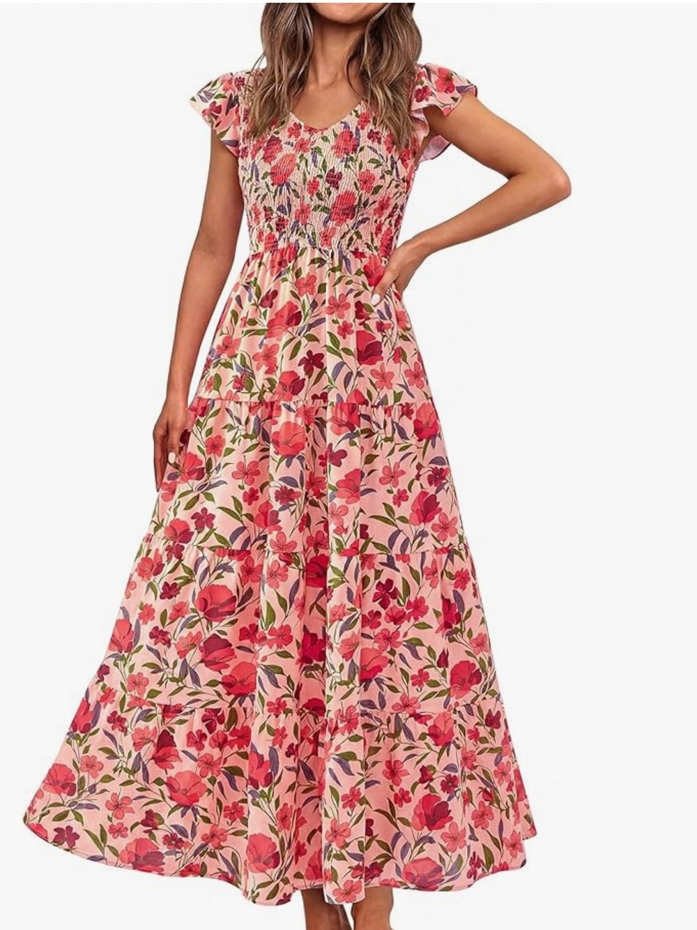 Smocked Pink Floral Maxi Dress with Flutter Sleeves